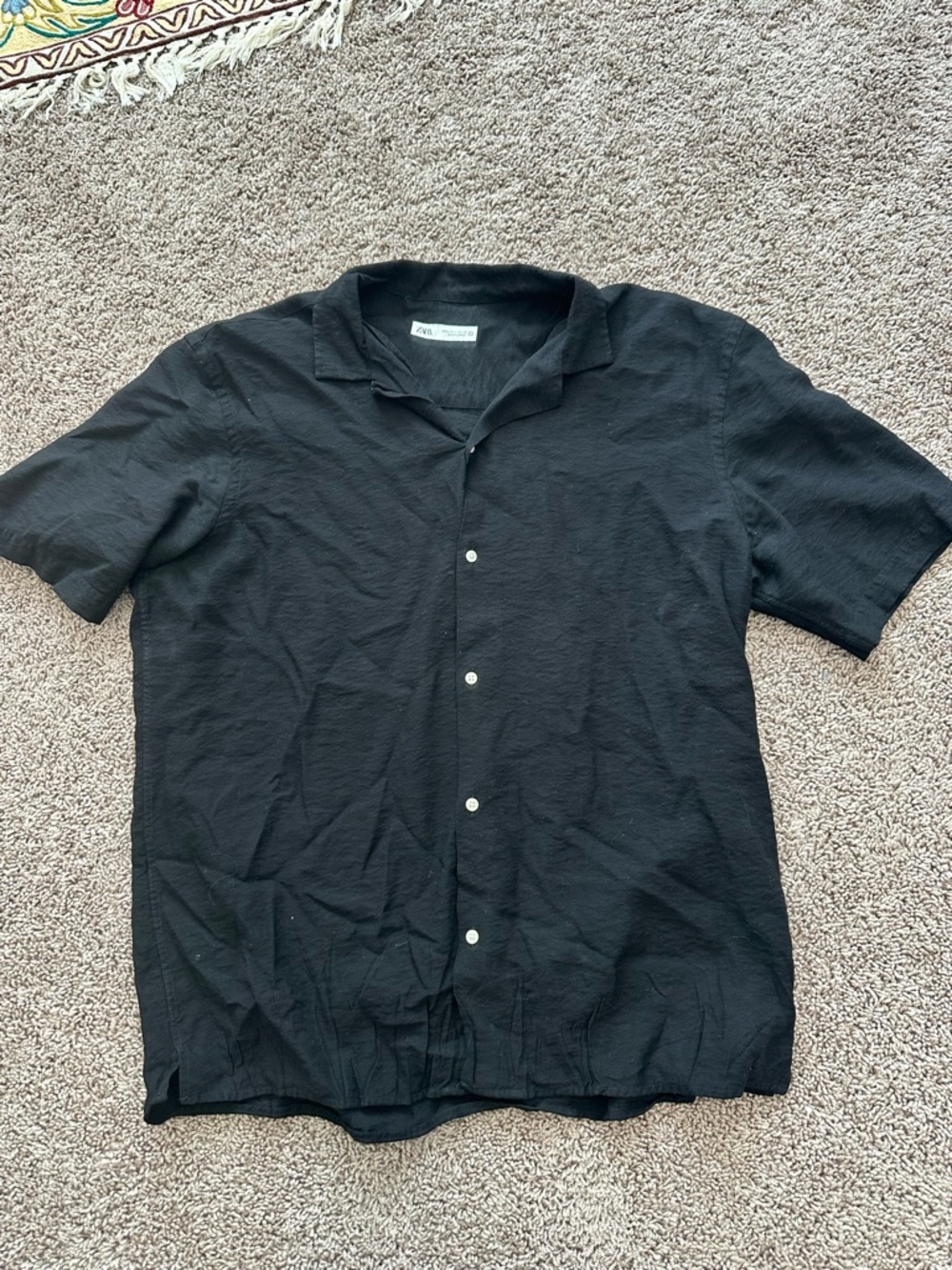 Zara Linen Button Down Shirt Black Short Sleeve Lightweight Summer Top